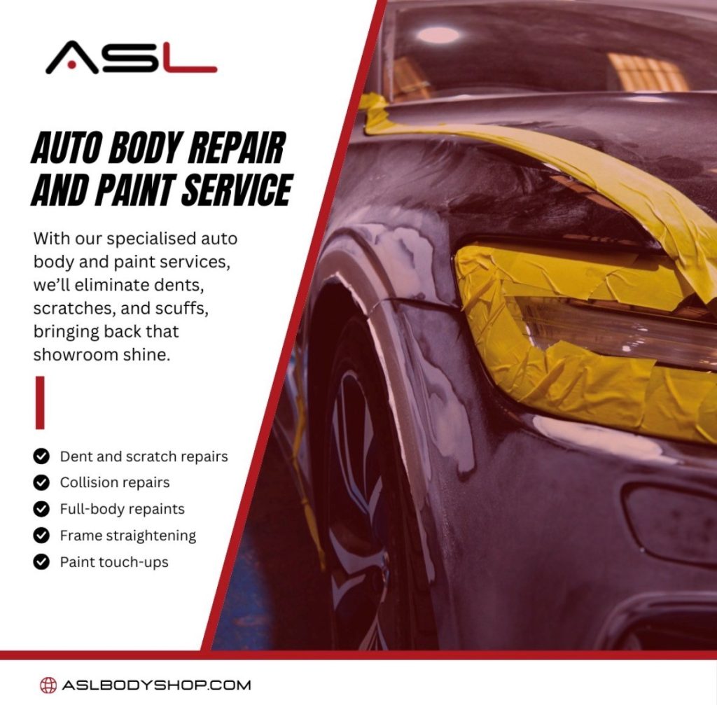 ASL promotional image showing vehicle paint preparation and body repair services