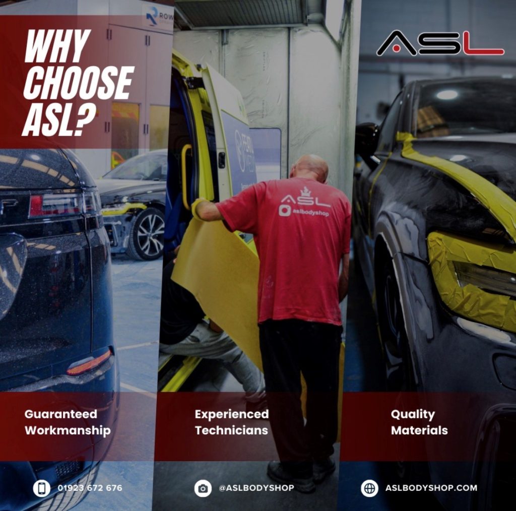 ASL promotional photography showing technicians preparing and repairing vehicles in the workshop